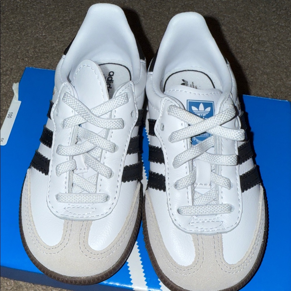 Adidas Kids White, Black, and Tan Sneakers